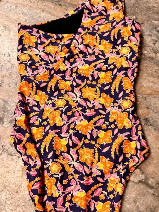 J. Crew One-Shoulder Floral Swimsuit in Navy with Orange and Pink Flowers - Picture 4 of 6